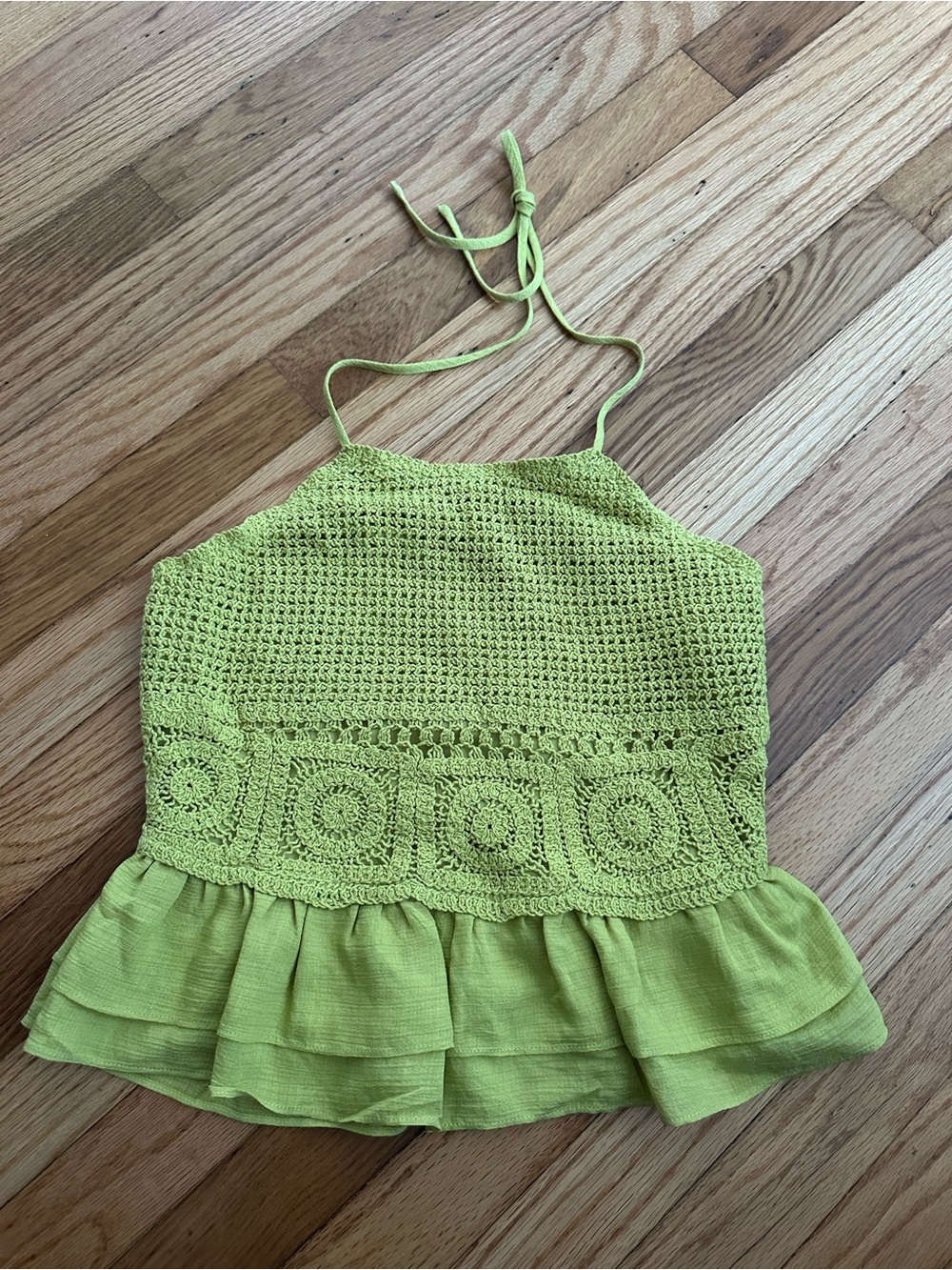 Lime Crochet Halter Peplum Top with Ruffle Hem